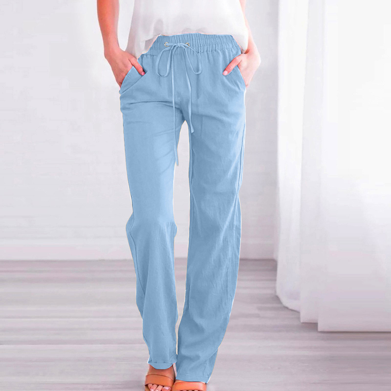 thumbnail image 2 of Pantalones de mujer de cintura alta y pierna ancha con cordón elástico - Poliéster, estilo informal, bolsillos - S-XXL, 2 of 6